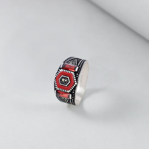 Aman Fire Armor Red Accents Silver Ring For Him