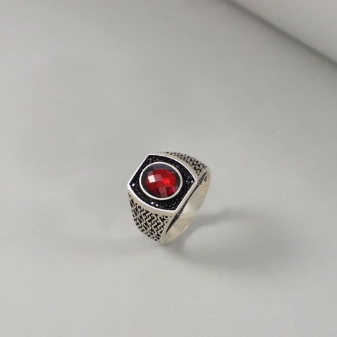 Bold With Fiery Red Gemstone  Silver Ring For Him