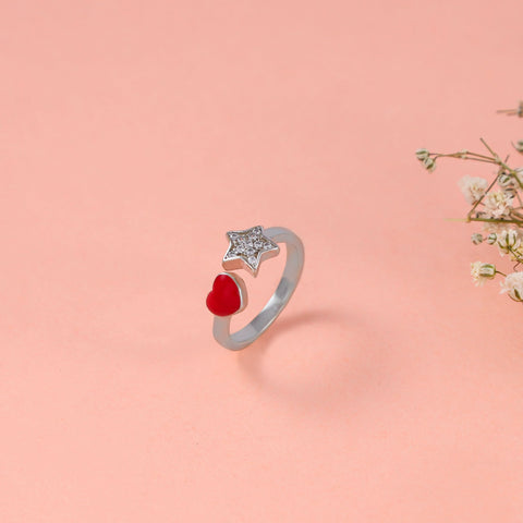 Ava Star Red Heart Cz Silver Ring