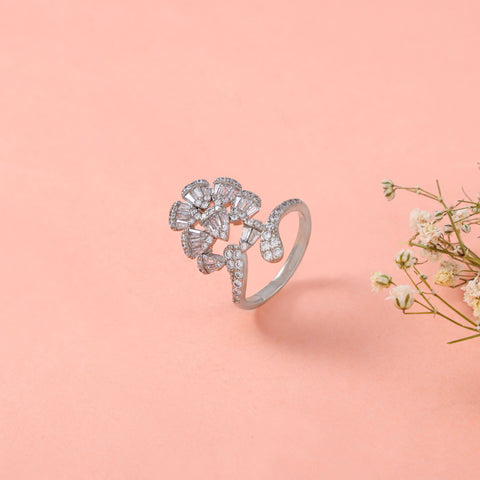 Luna Floral  Elegant  Sparkling Charm. Cz Silver Ring