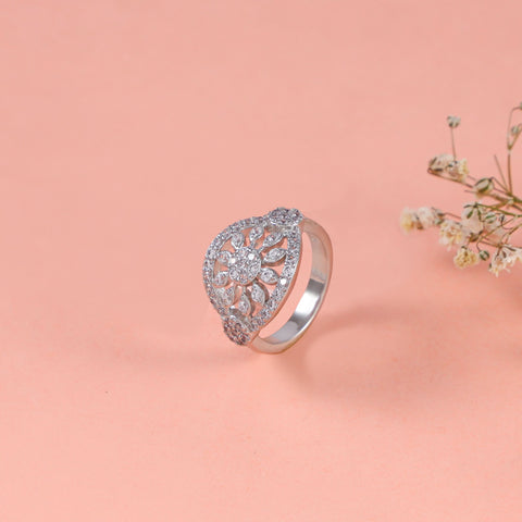 River Floral Elegant  Sparkling Cz Silver Ring