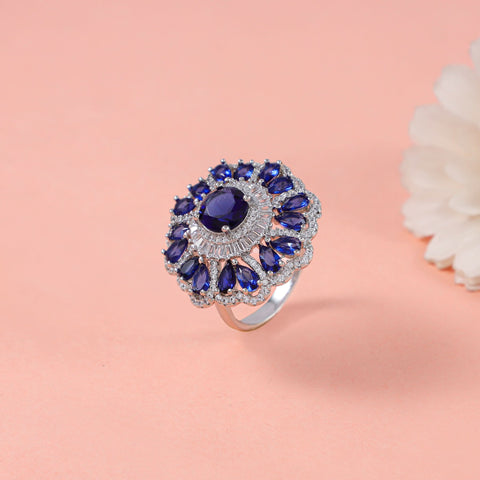 Reena Luxurious Design Blue Stone Cz Silver Ring