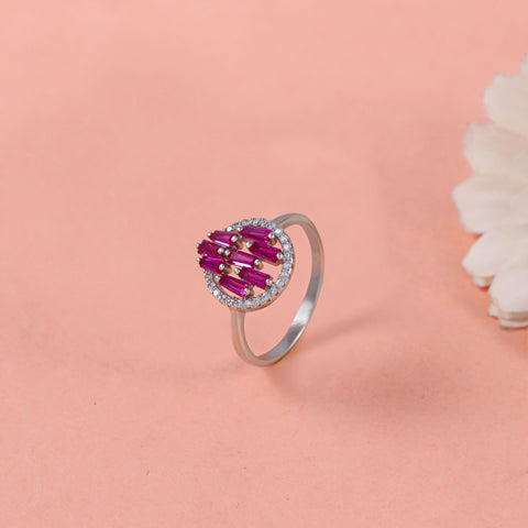 Riya Bold Unique Design Pink Stone Cz Silver Ring