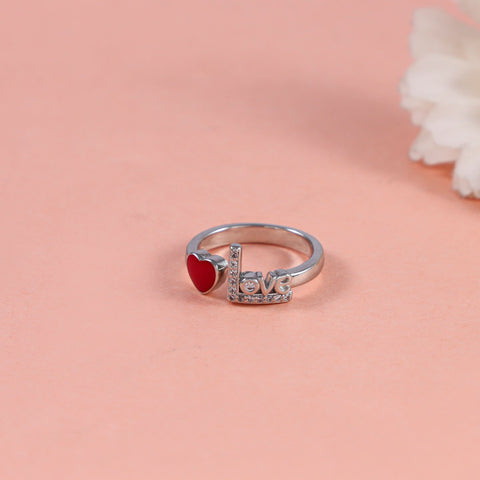 Red Heart Charming Silver Cz Ring