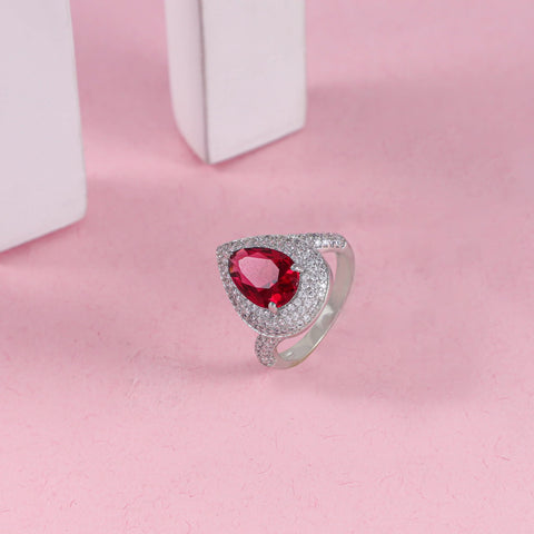 Rishika Teardrop Shaped Red Stone Cz Silver Ring