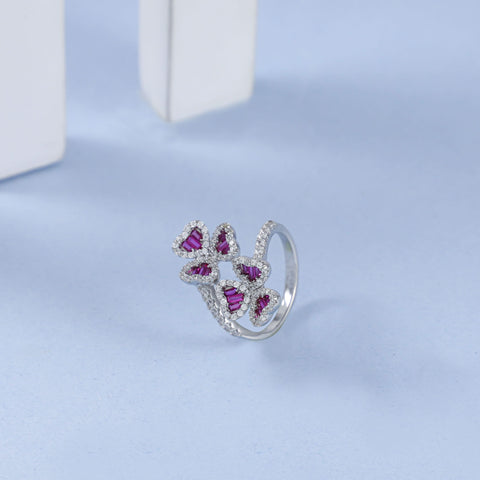 Floral Elegance Ruby Stone Silver Cz Ring