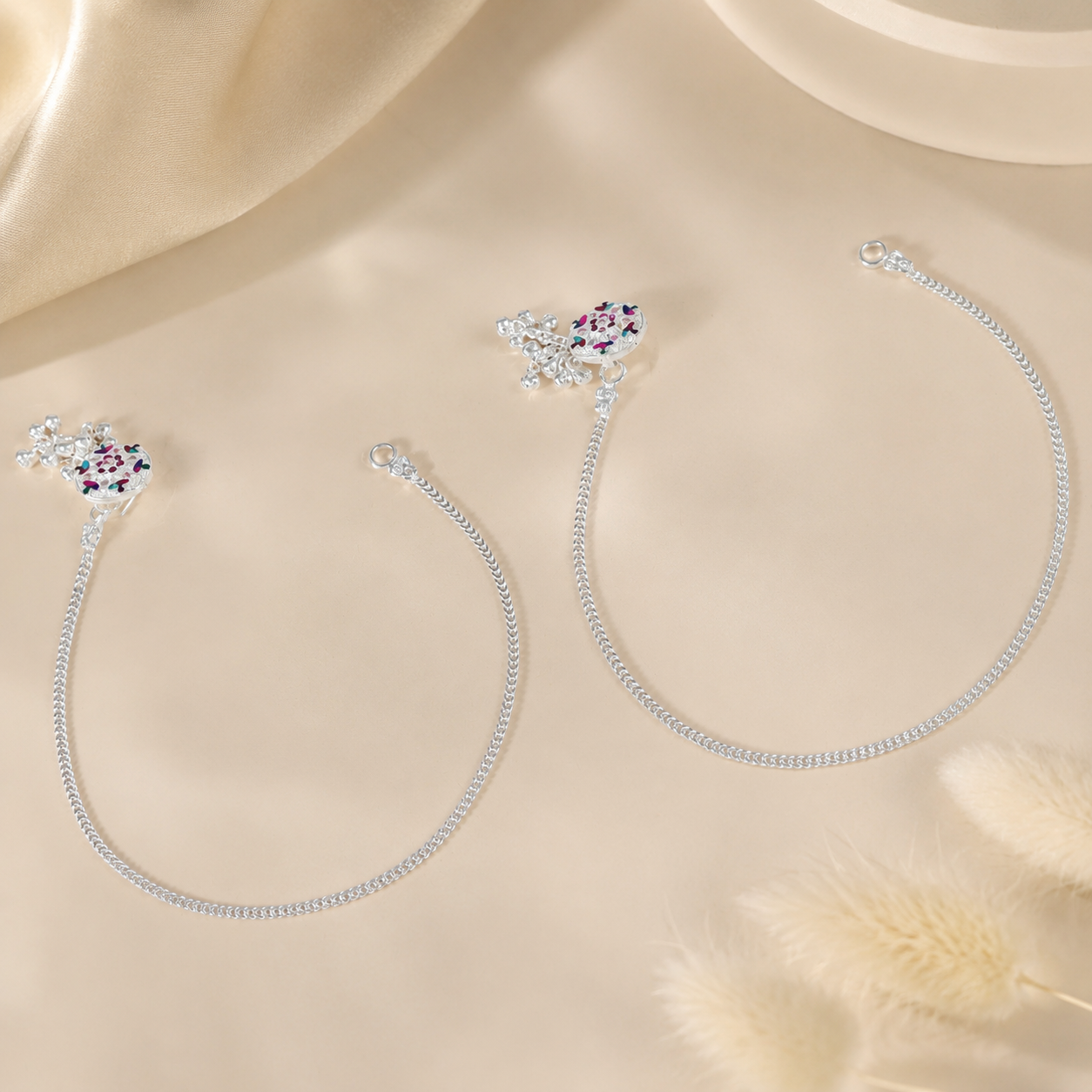 Aarohi Stone Charm Silver Anklets