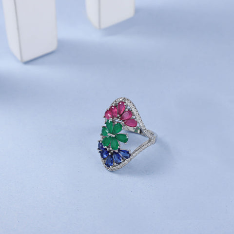 Falak Three Tone Gemstone Silver Cz Ring