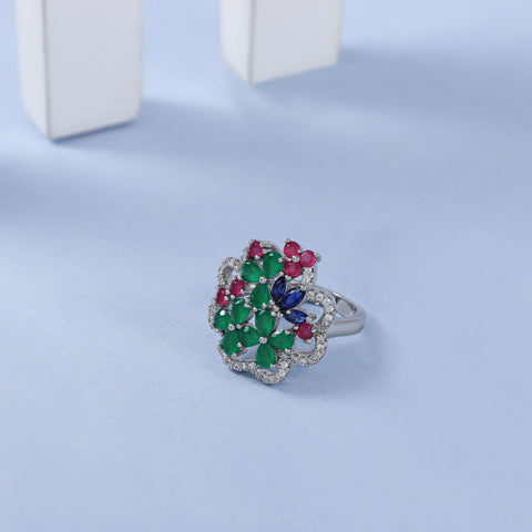 Anu Floral Multicolor Cz Design Silver Ring