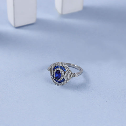 Diya Royal Blue Cz Charm Silver Ring