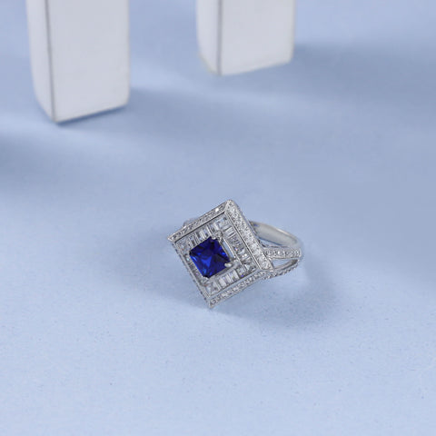 Seema Square Cut Blue Elegance Silver Cz Ring