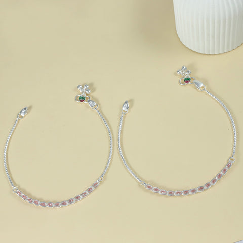 Mahi Pink Glow Chain Silver Anklets