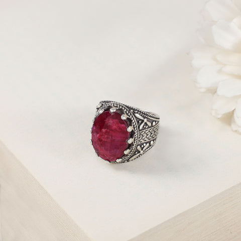 Anvika Freya Style With Red Stone Silver Ring