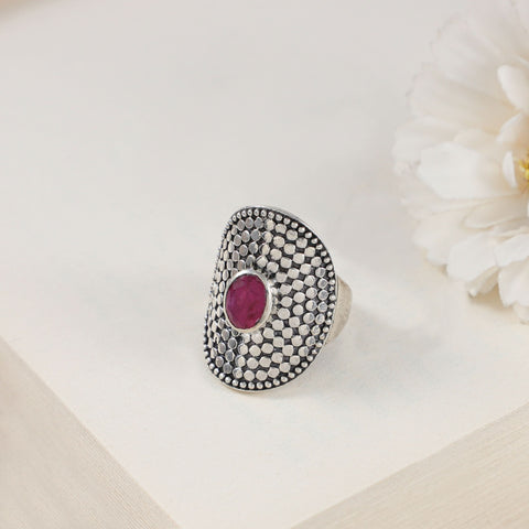 Ishita Antique Silver Ring Red Stone