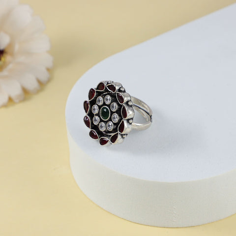 Eshani Floral Charm Colorful Design Silver Ring