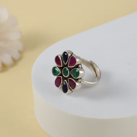Diya Colorful Charm In Bloom Floral Silver Ring