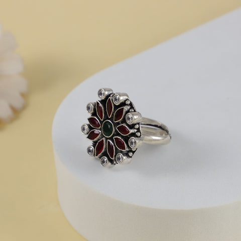 Fara Green Red Festive Silver Ring