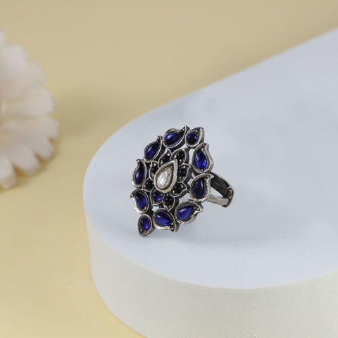 Rani Blue Stones And Central Pearl Silver Ring