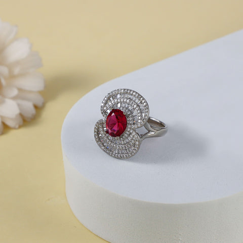 Meenu Red Center Stone Silver Cz Ring