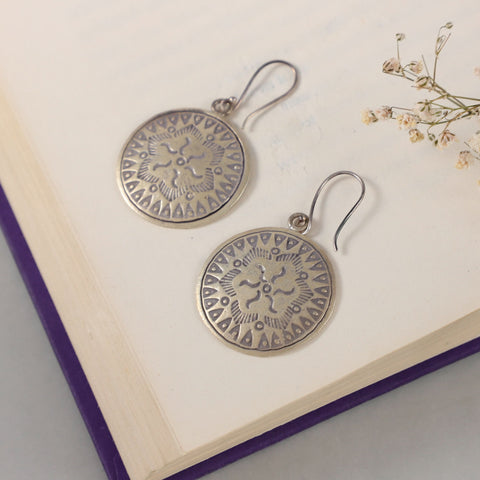Rani Intricate Mandala Patterns Silver Earrings