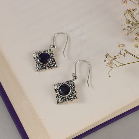 Sunita Floral Purple Stone Silver Earrings