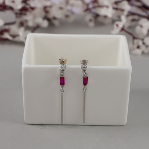 Tanya Elegant Linear Pink Stone Silver Cz Earrings