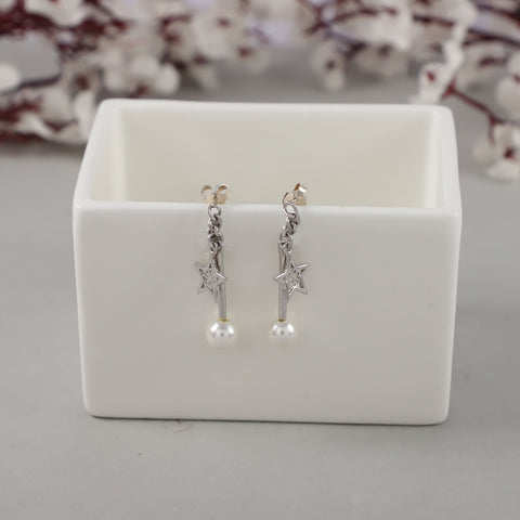 Sara Dainty Pearl Star Drops Silver Earrings