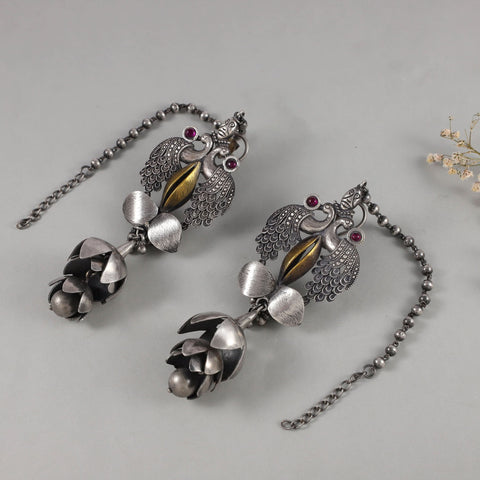Savya Antique Peacock Floral Silver Earrings