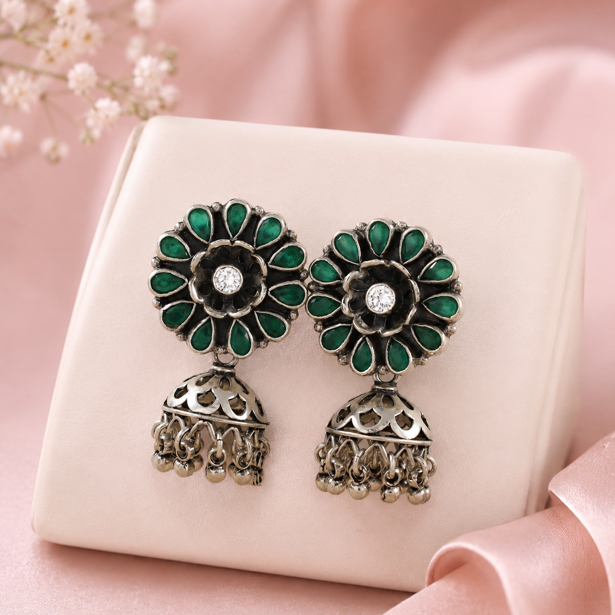 Naina Green Petal Glow Floral Silver Jhumki