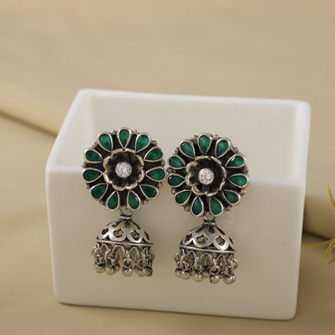 Naina Green Petal Glow Floral Silver Earrings