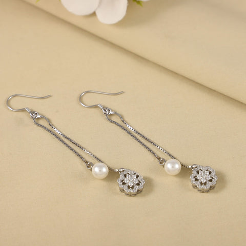Pari White Pearl Classic CZ Silver Earrings
