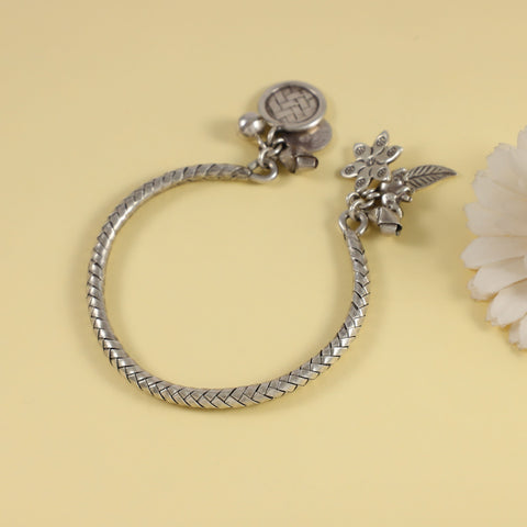 Divya Floral Coin Silver Charm Braided Bracelet