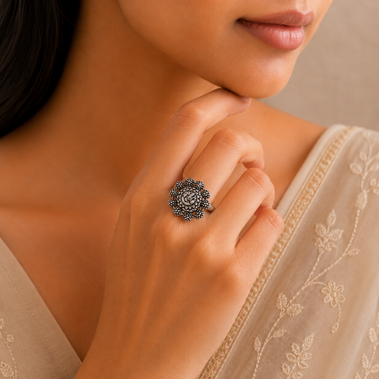 Ekta Divine Ganesh Floral Silver Ring