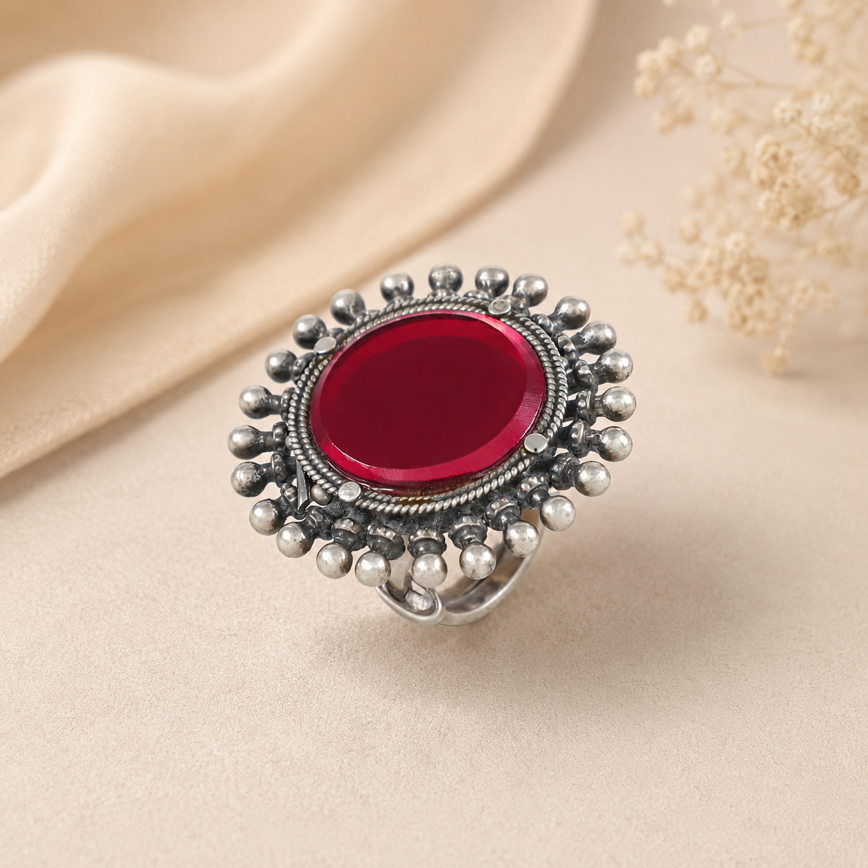 Diya Red Coral Sterling Silver Ring