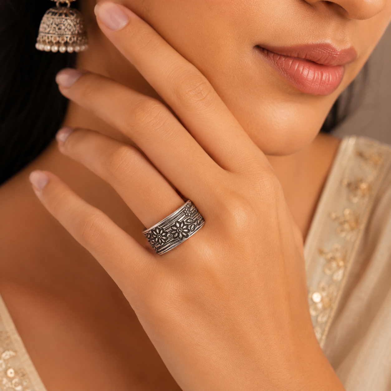 Rashmi Floral Engraved Silver Ring