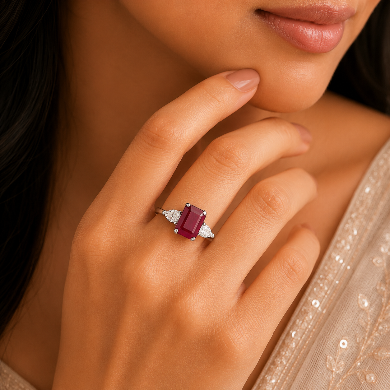Meera Emerald Cut Red Gemstone Ring