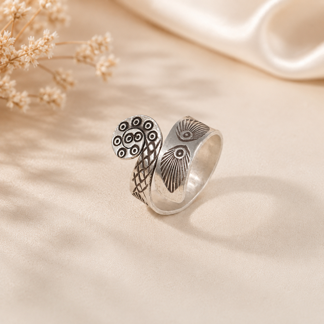 Diya Peacock Wrap Silver Ring