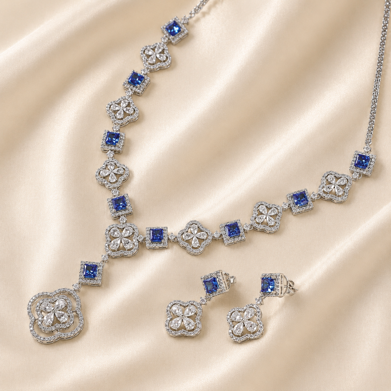 Anaya Blue Stones And Floral Necklace Set