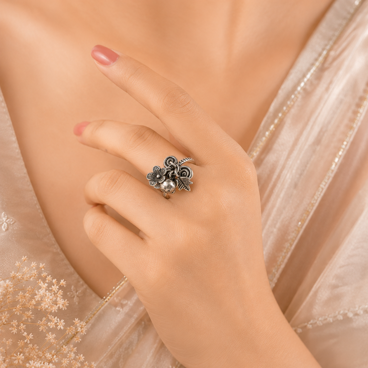 Riva Artistic Charm Drop Silver Ring