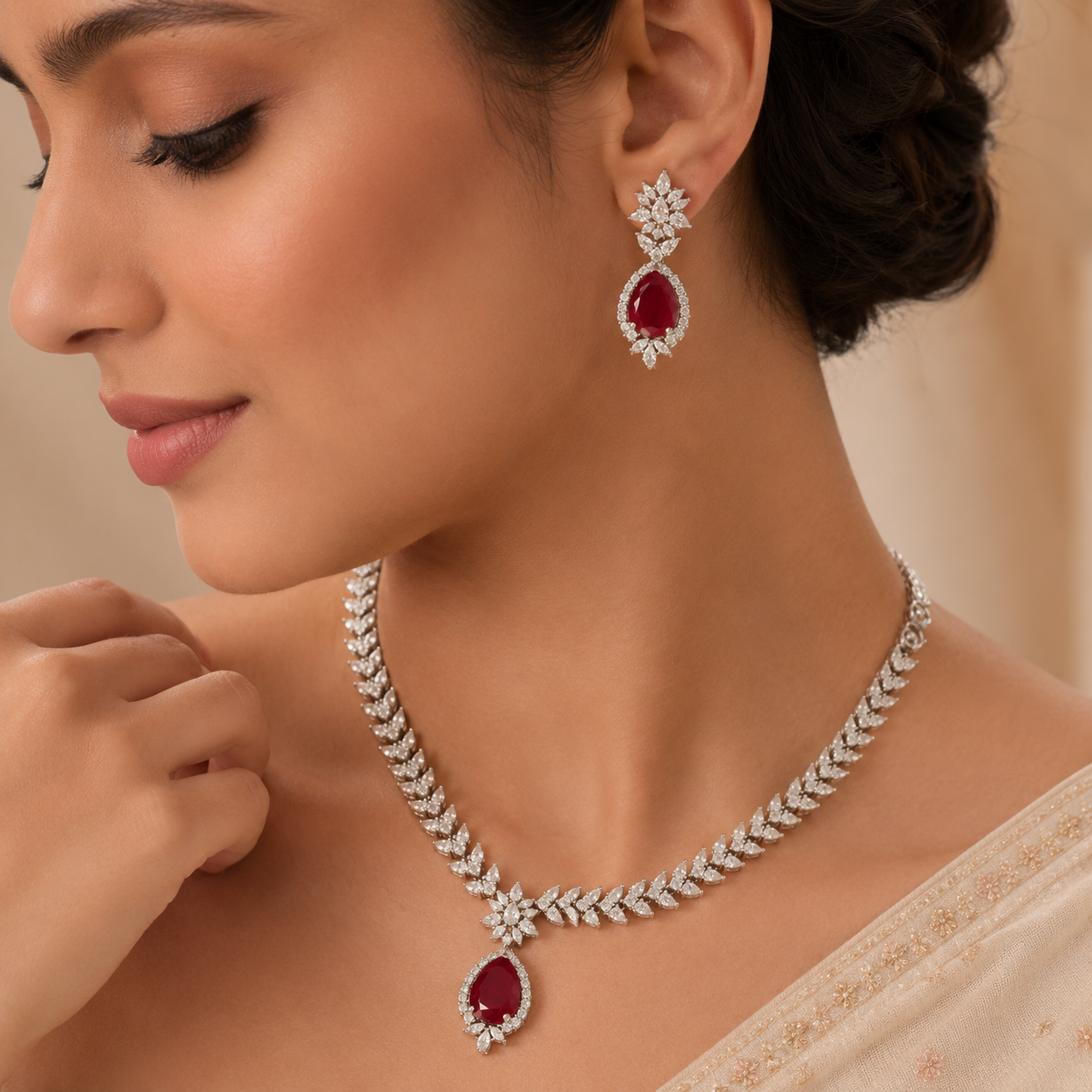 Kashvi Crimson Leaf Design Necklace Set