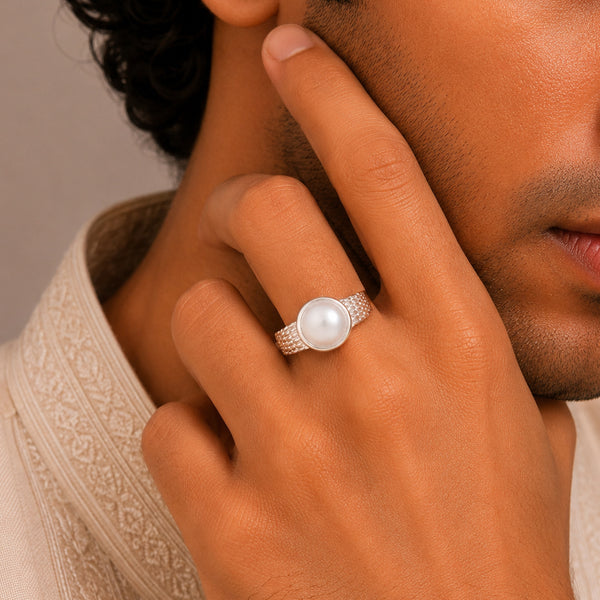 Prayan Pearl Crown Silver Ring For Him