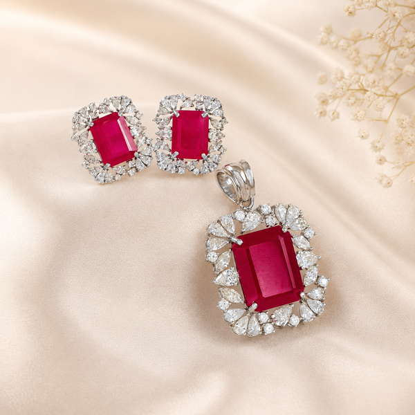 Nidhi Silver Pendant Set With Striking Ruby-Red