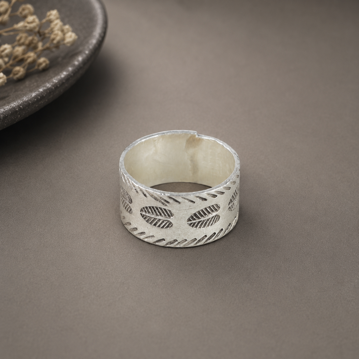 Gauri Leaf Texture Silver Ring