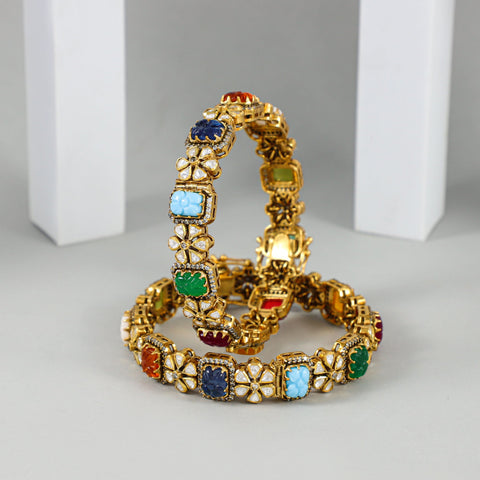 Radhika Floral Navratna Silver Bangles