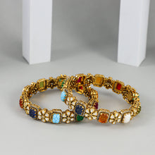 Radhika Floral Navratna Silver Bangles
