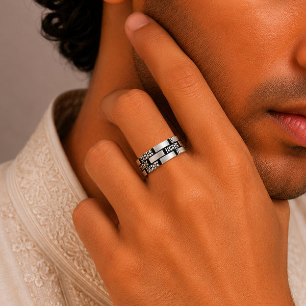 Unique Patterned Finish Silver Ring For Him