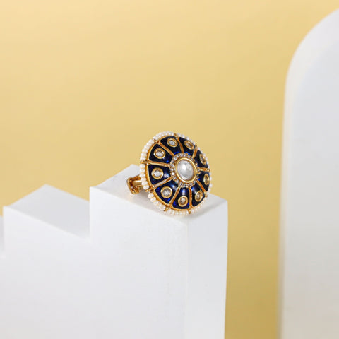 Vidya Blue Kundan Pearl Silver  Ring