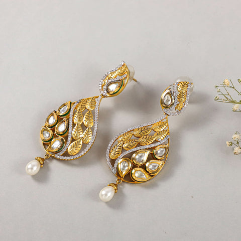 Kanak Leaf And White Pearl Silver Earrings