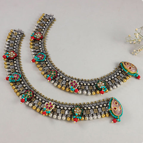 Ruby Rangtarang Floral Silver Anklets