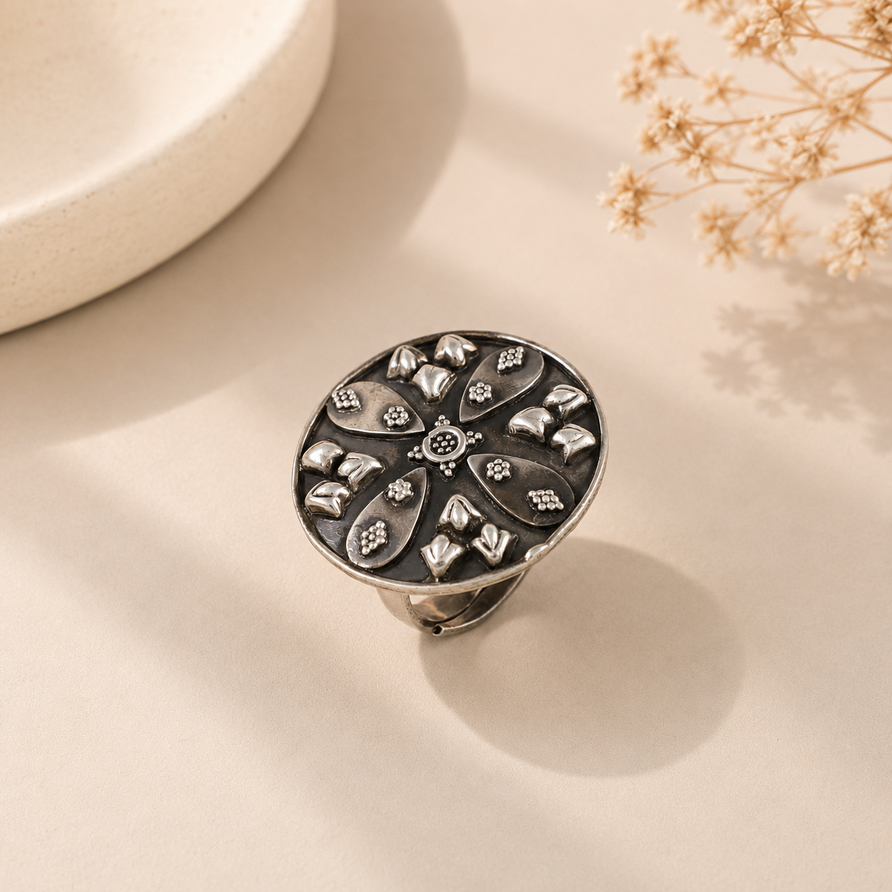 Deeksha Ethnic Border Design Silver Ring